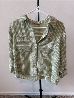 Chenault Green and White Striped Embroidered Button-Up Blouse